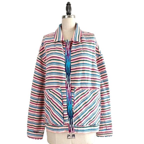 ZARA Open Front Jacket Overshirt M Textured Multicolor Striped Embroidered Boho - Picture 3 of 12